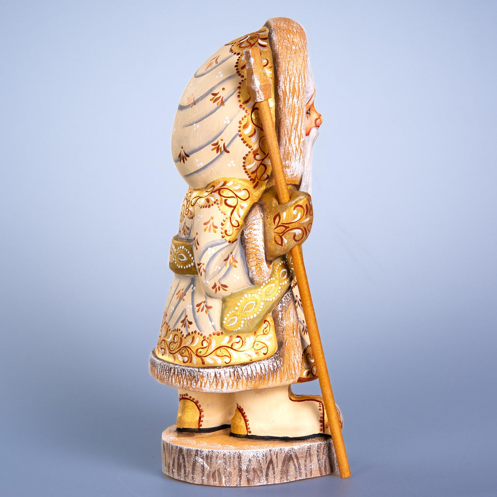 Russian Santa wooden figurine 11 inch, ivory coat, hand painted folk art collectible