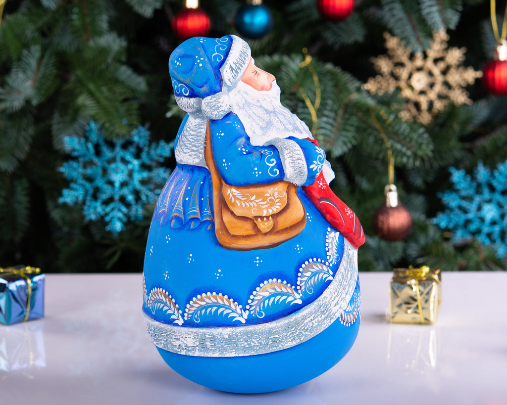 Hand carved blue Santa wooden figurine 7 inch, gift boxes, Christmas mantel decor