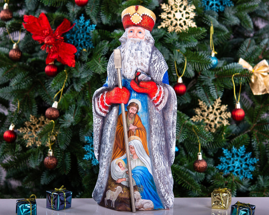 Wooden Old World Santa 12.9 inch, Holy Family nativity, religious Christmas mantel centerpiece