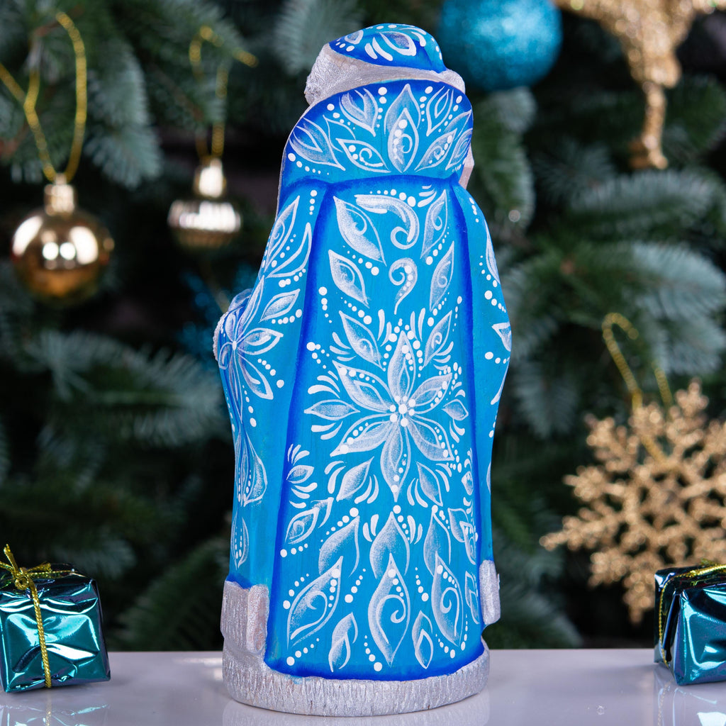 Hand carved blue Santa figurine 7 inch, owl painting, Nordic folk art centerpiece