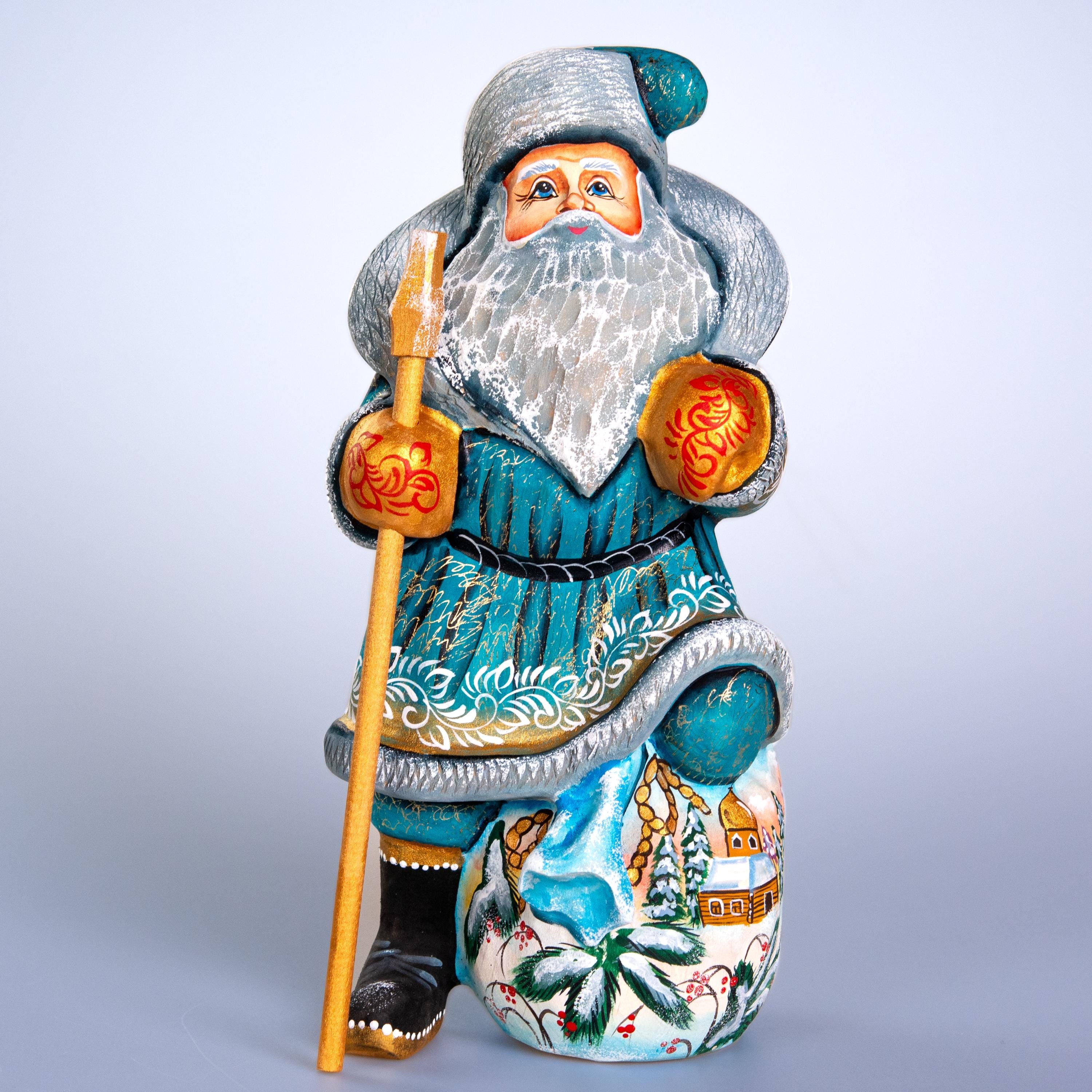 Father Christmas wooden figurine 9.7 inch, winter village scene, bird lovers decor
