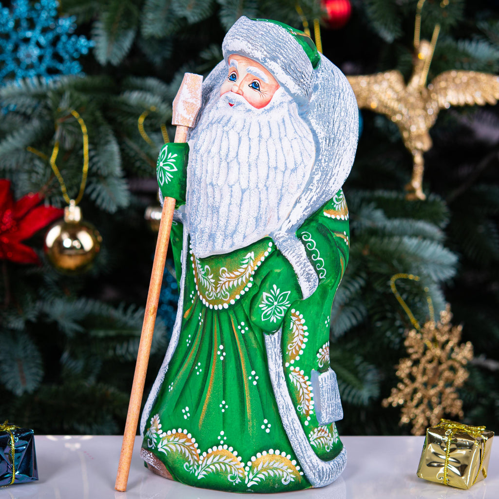 Green Santa wooden figurine 9.5 inch, hand carved Christmas mantel decor