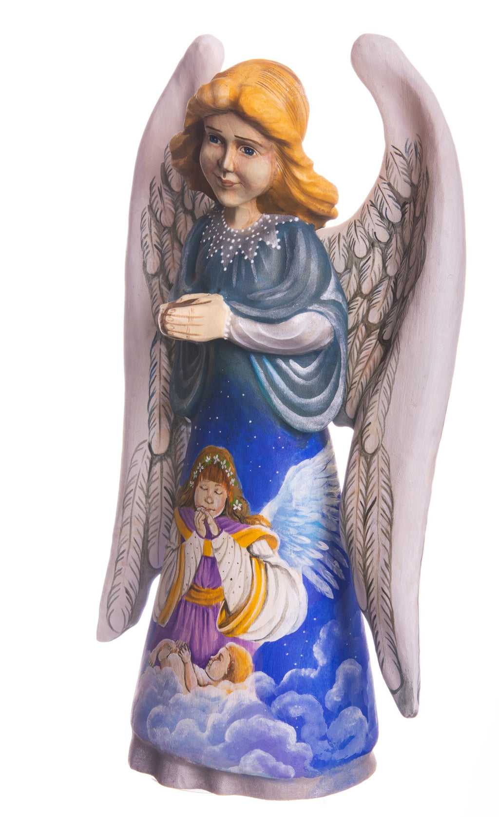 Hand painted angel figurine 9 inch, heavenly clouds scene mantel display