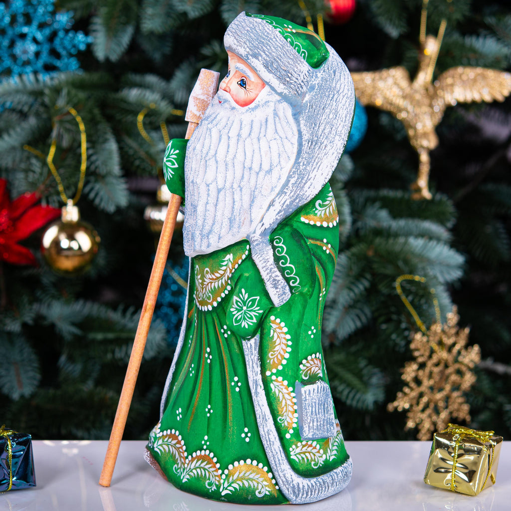 Green Santa wooden figurine 9.5 inch, hand carved Christmas mantel decor