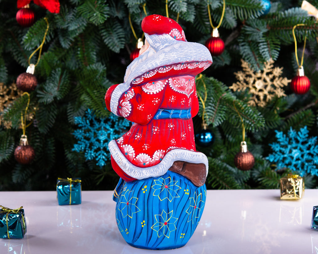 Hand carved wooden Santa figurine 9.4 inch, toy sack and staff, holiday mantel decor