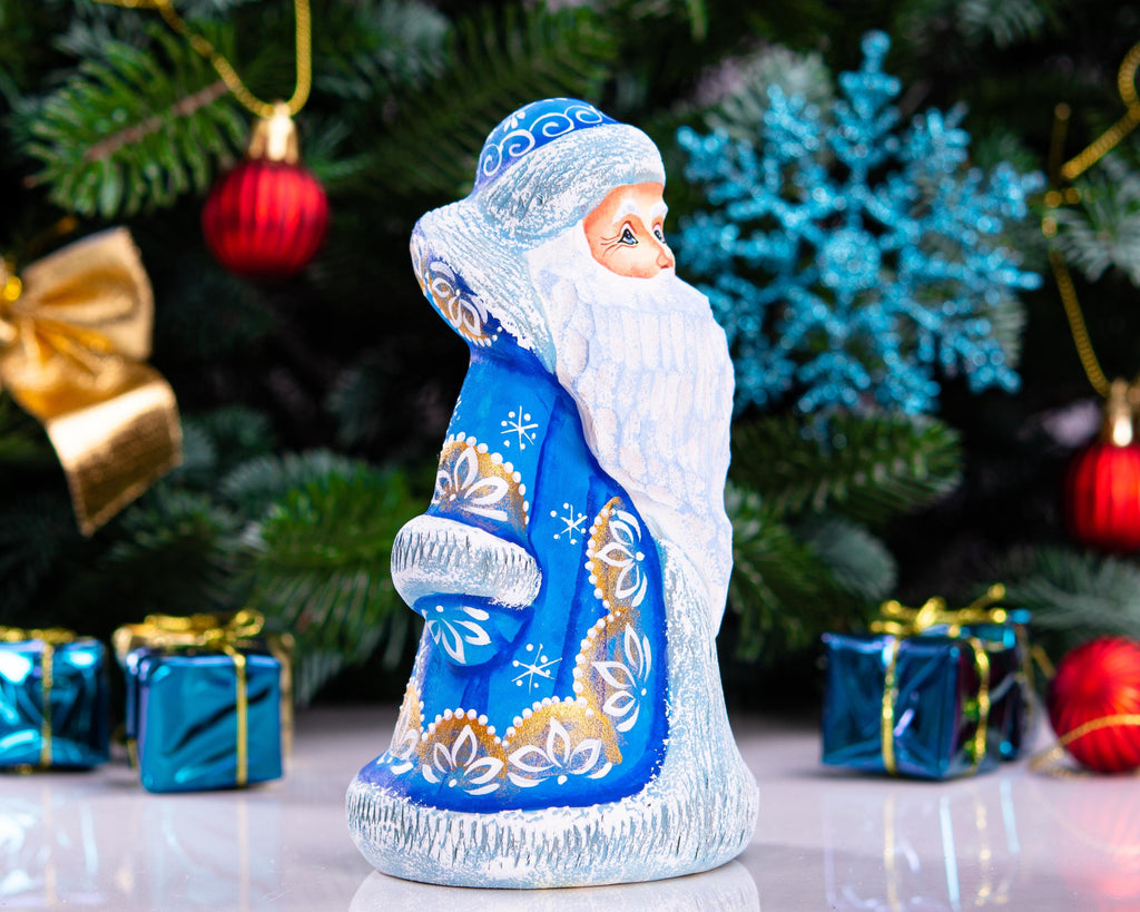 Father Frost Figurine Hand Carved Wood Long Blue Robe 6″