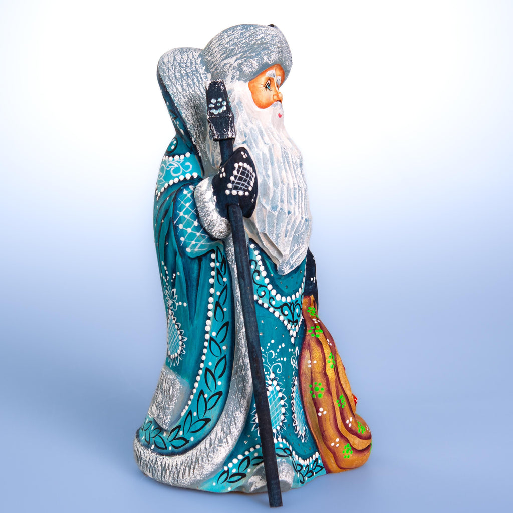 Hand carved teal Santa wooden figurine 9.1 inch, toy sack, mantel decor