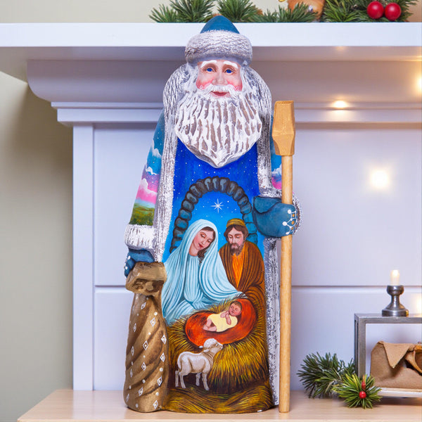 Old World Santa wooden figurine 9 inch, Holy Family manger, mantel decor