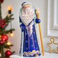 Blue Father Christmas figurine with staff, hand painted, 8.7 inch