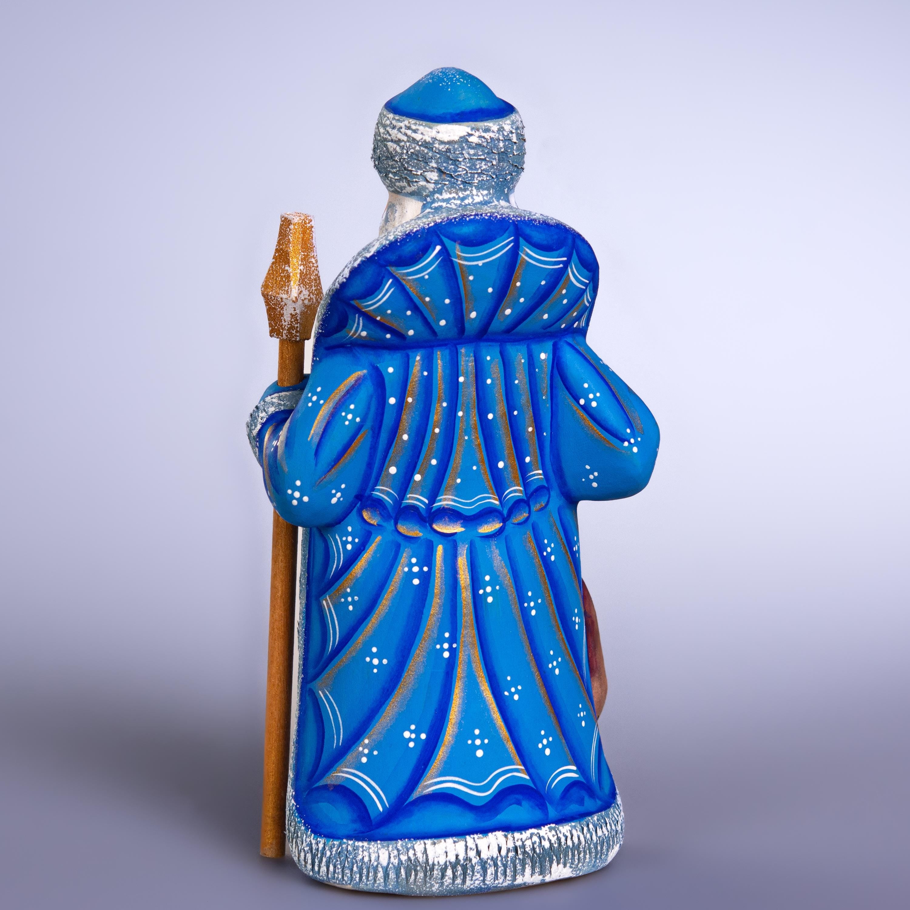 Old World Father Christmas Figurine 8 inch, Blue Robe, Santa with Bear, Hand Painted