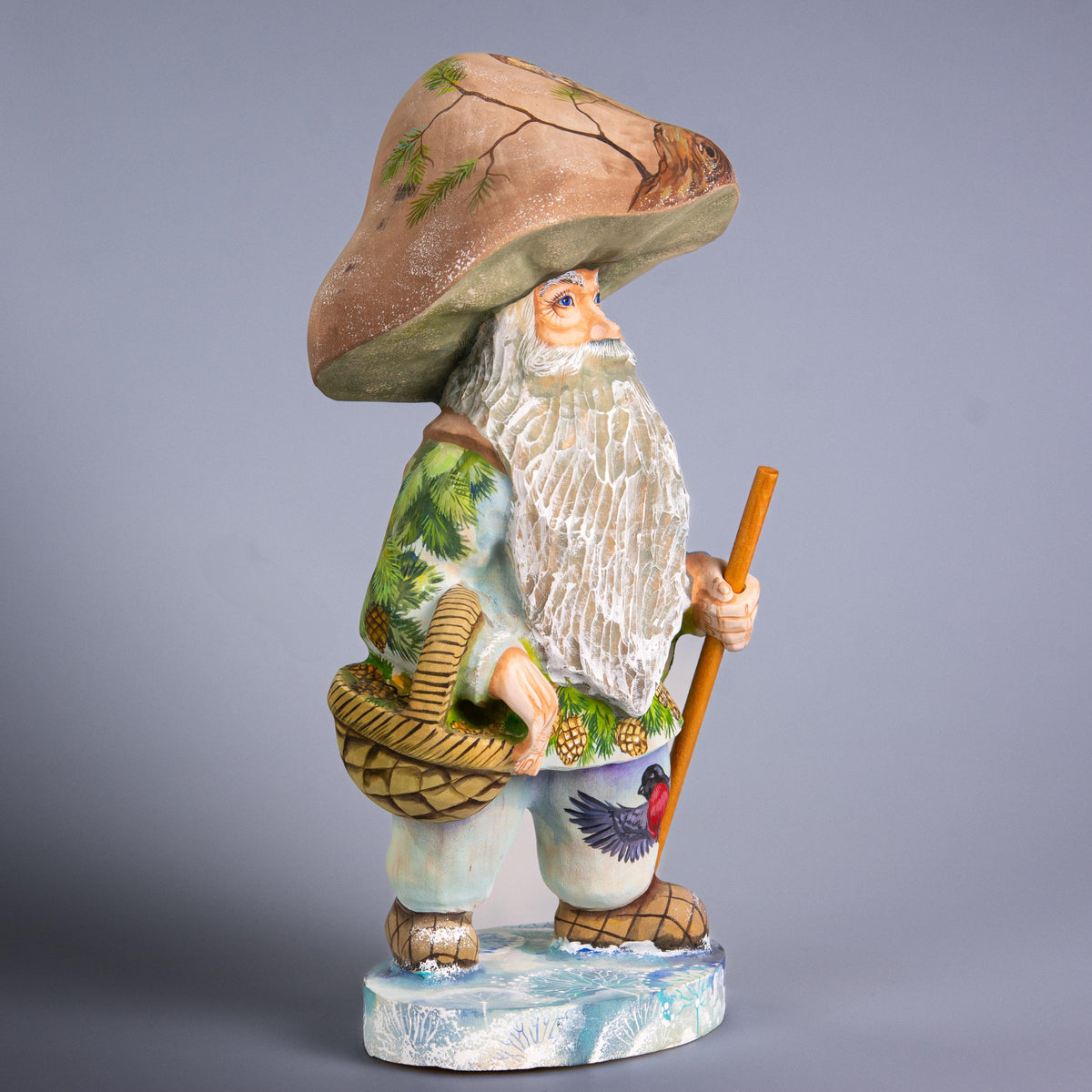 Hand Carved Wooden Mushroom Man Figurine 11 inch: Owl, Squirrel & Bullfinch