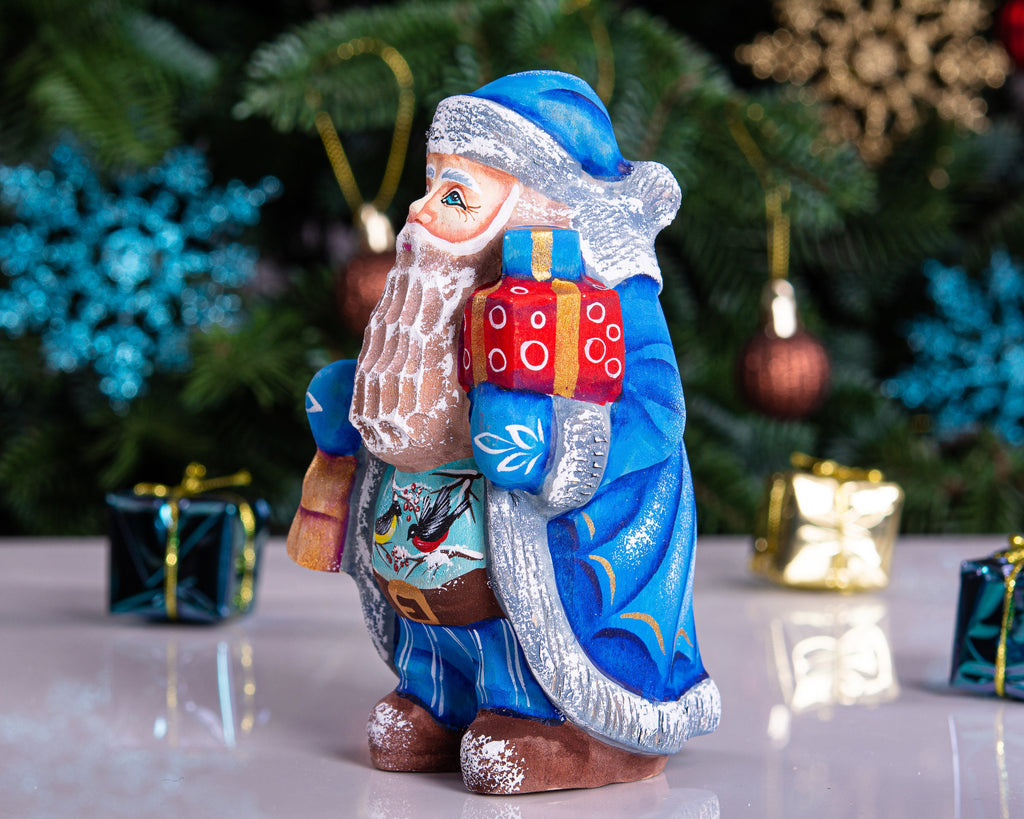 Santa Figurine Hand Carved Wood Bell and Gifts Bird Accents 5.5″