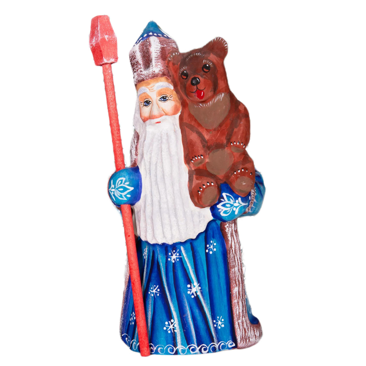Old World Santa figurine 8.5 inch, carved wood, blue coat, holding bear, mantel display