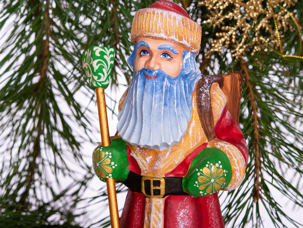 Hand carved wooden Santa figurine 11 inch, cuckoo clock bullfinch scene, Christmas home accent