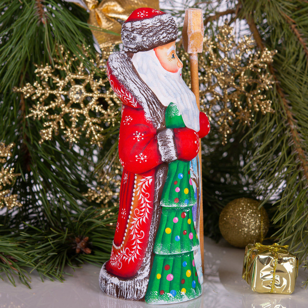 Hand carved Santa wooden figurine 8.3 inch, winter rabbit scene, Christmas mantel decor