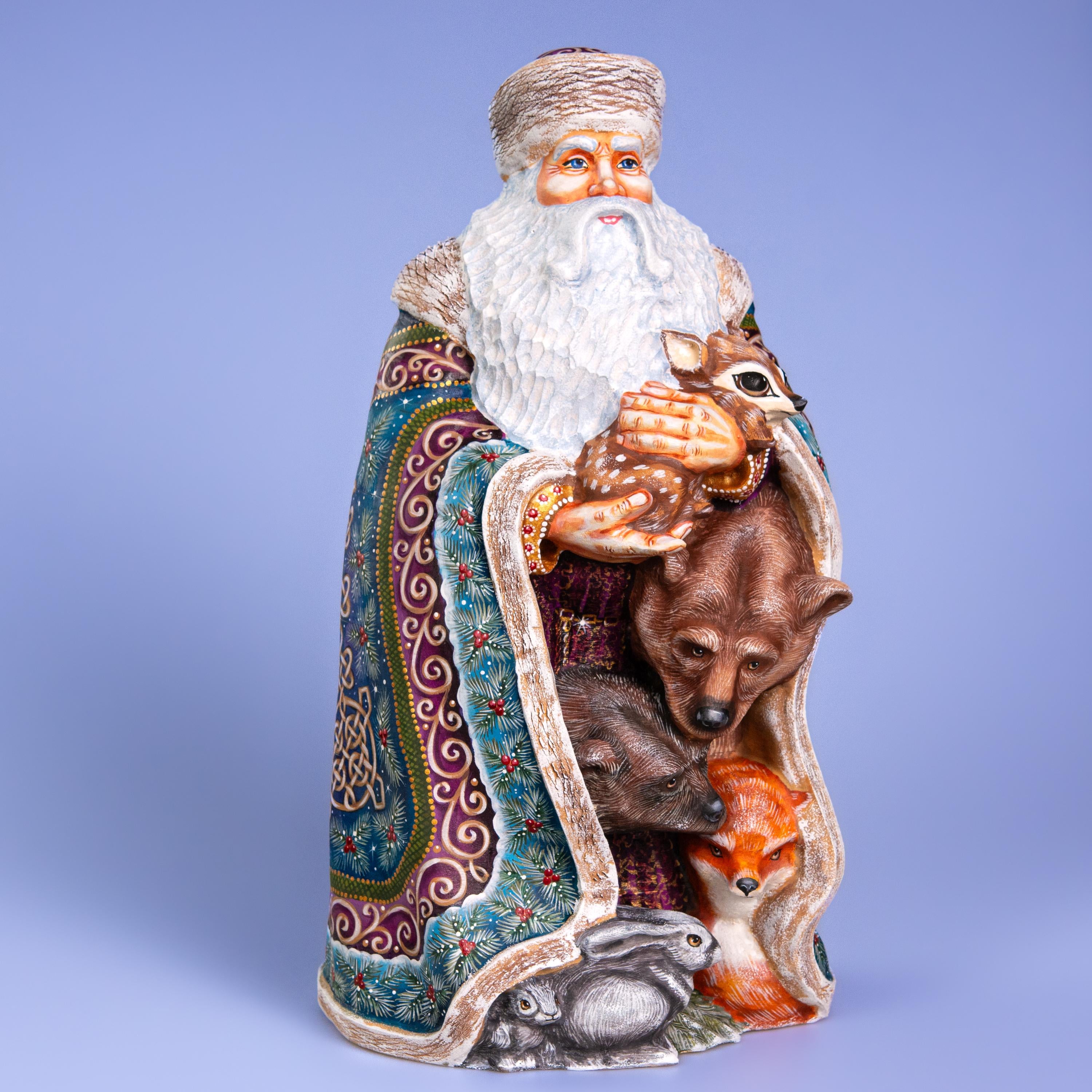 Hand Carved Wooden Santa Figurine 13.8 inch, Woodland Animals, Artist Painted Old World