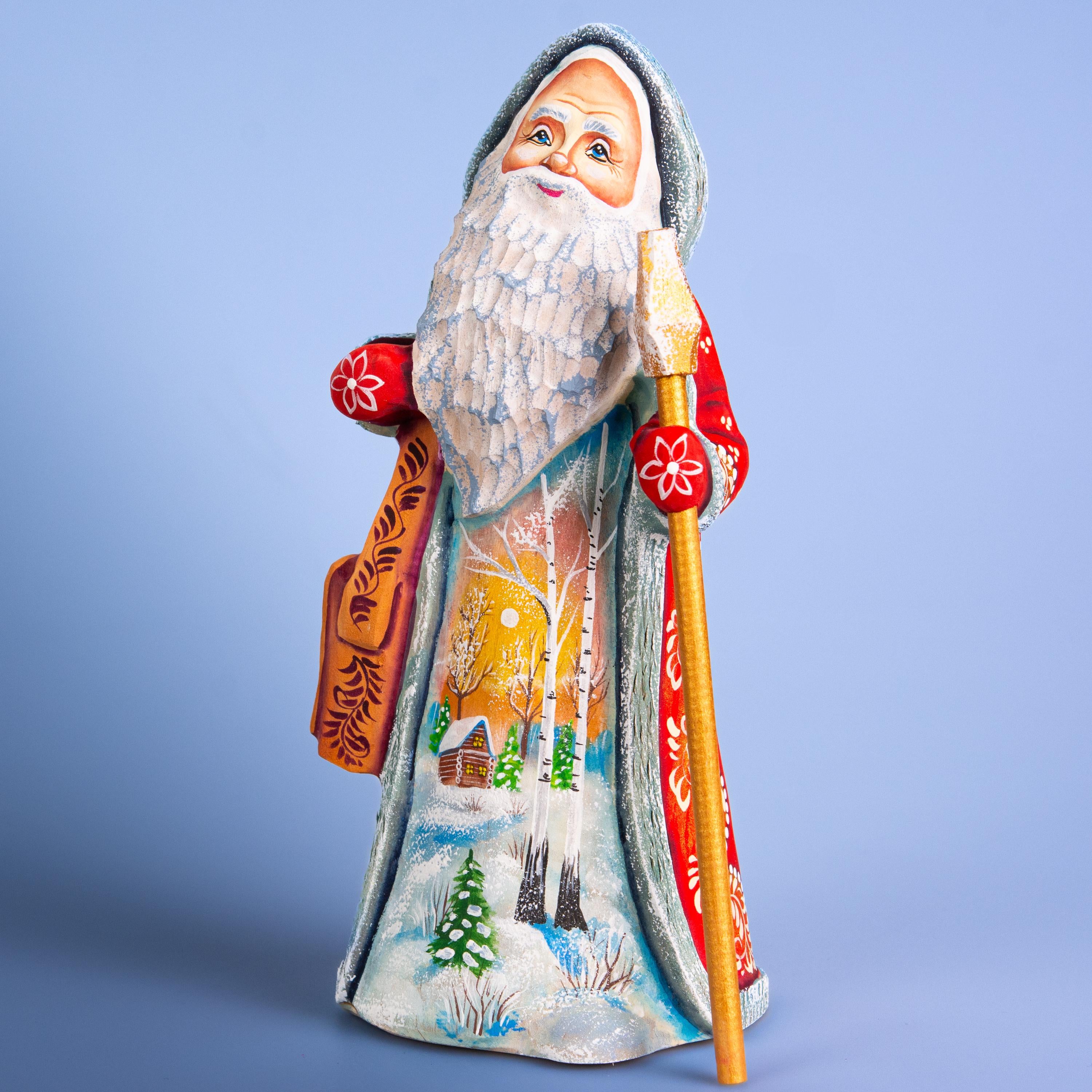 Hand carved Santa wooden figurine 9 inch with staff, winter village scene mantel decor