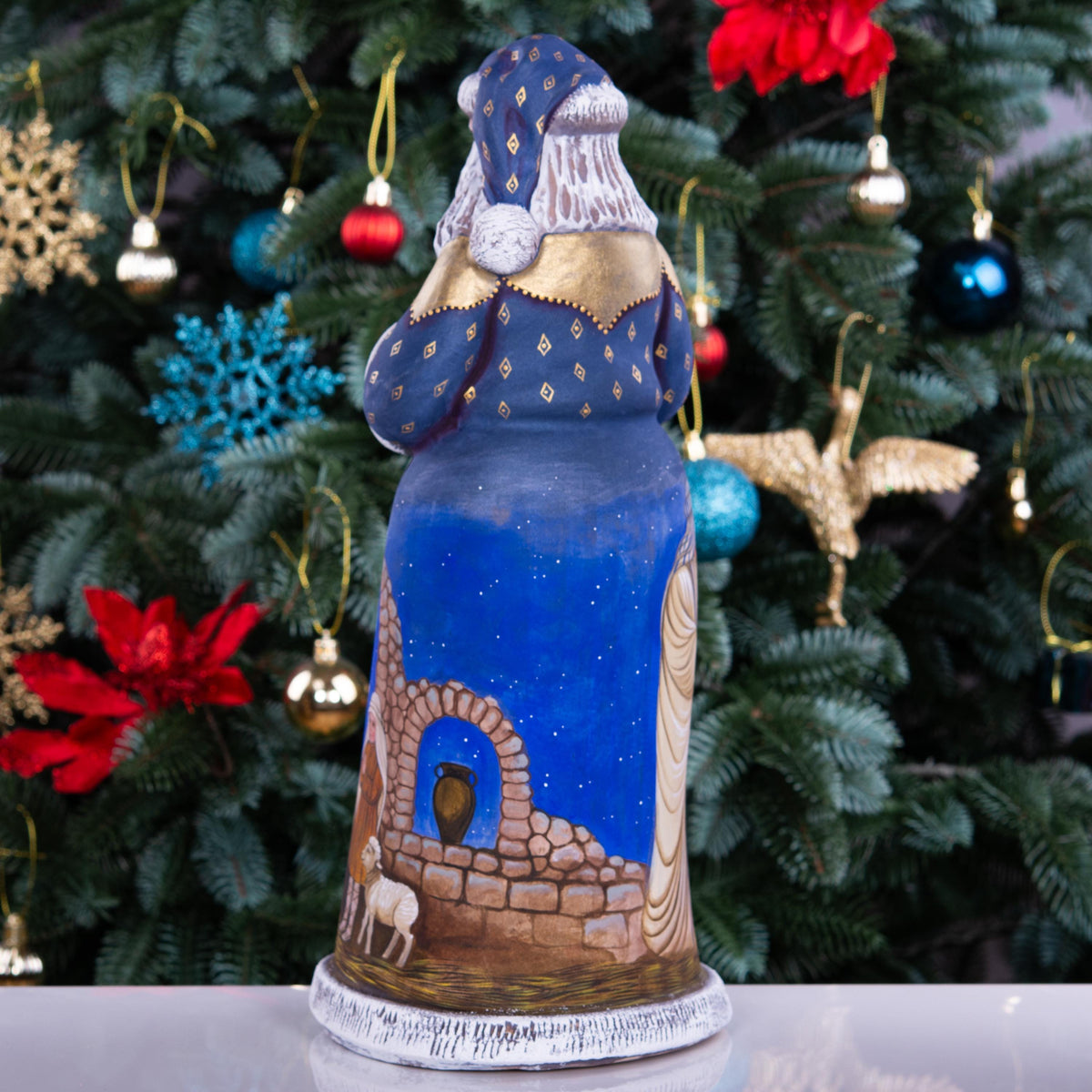 Praying Santa nativity wood figurine 14 inch, Holy Family scene, religious Christmas centerpiece