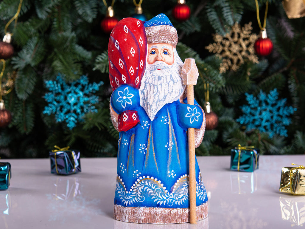 Santa figurine with staff, hand painted carved wood, shelf decor, 8.3 inch