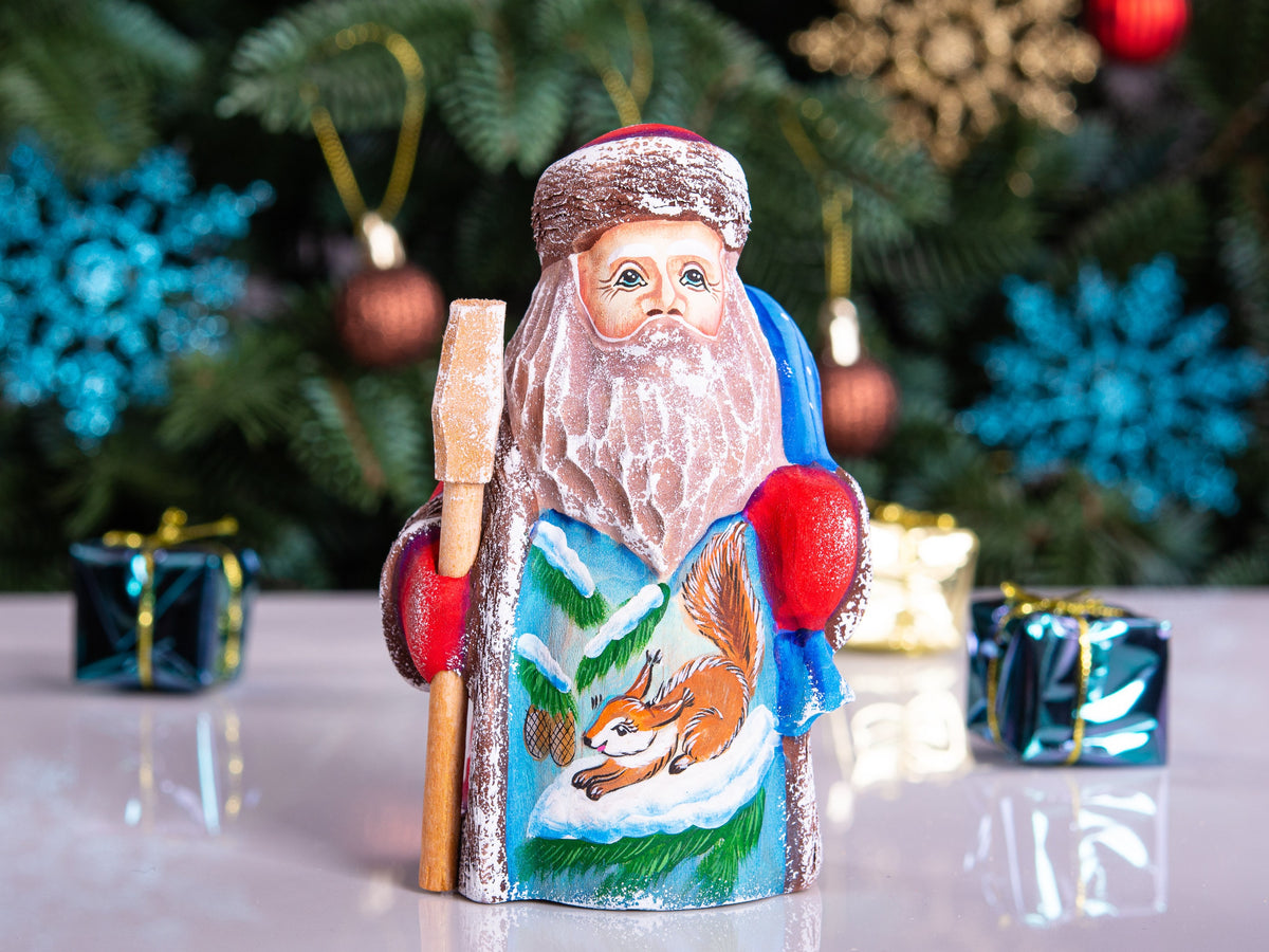 Solid wood Father Christmas figurine squirrel scene tabletop gift 5.1 inch