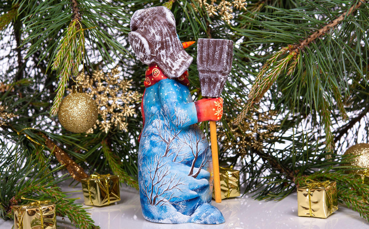 Snowman wooden statue 8 inch, holding broom, tabletop Christmas accent