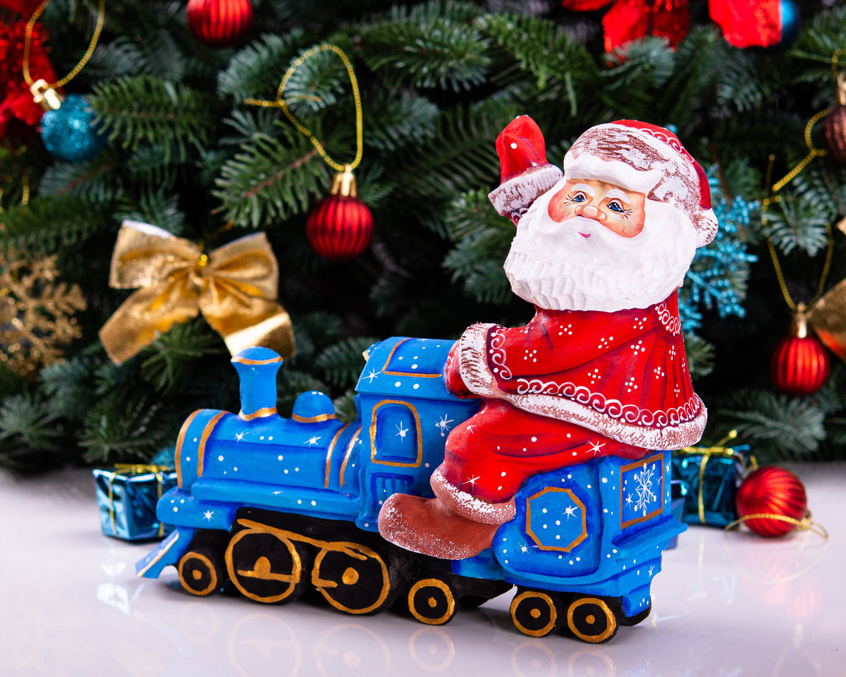 Hand Carved Wooden Santa Claus Figurine: Christmas Train Decor