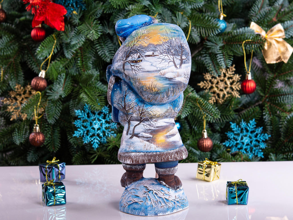 Hand carved Old-World Santa wooden figurine 11 inch, winter village landscape, mantel decor