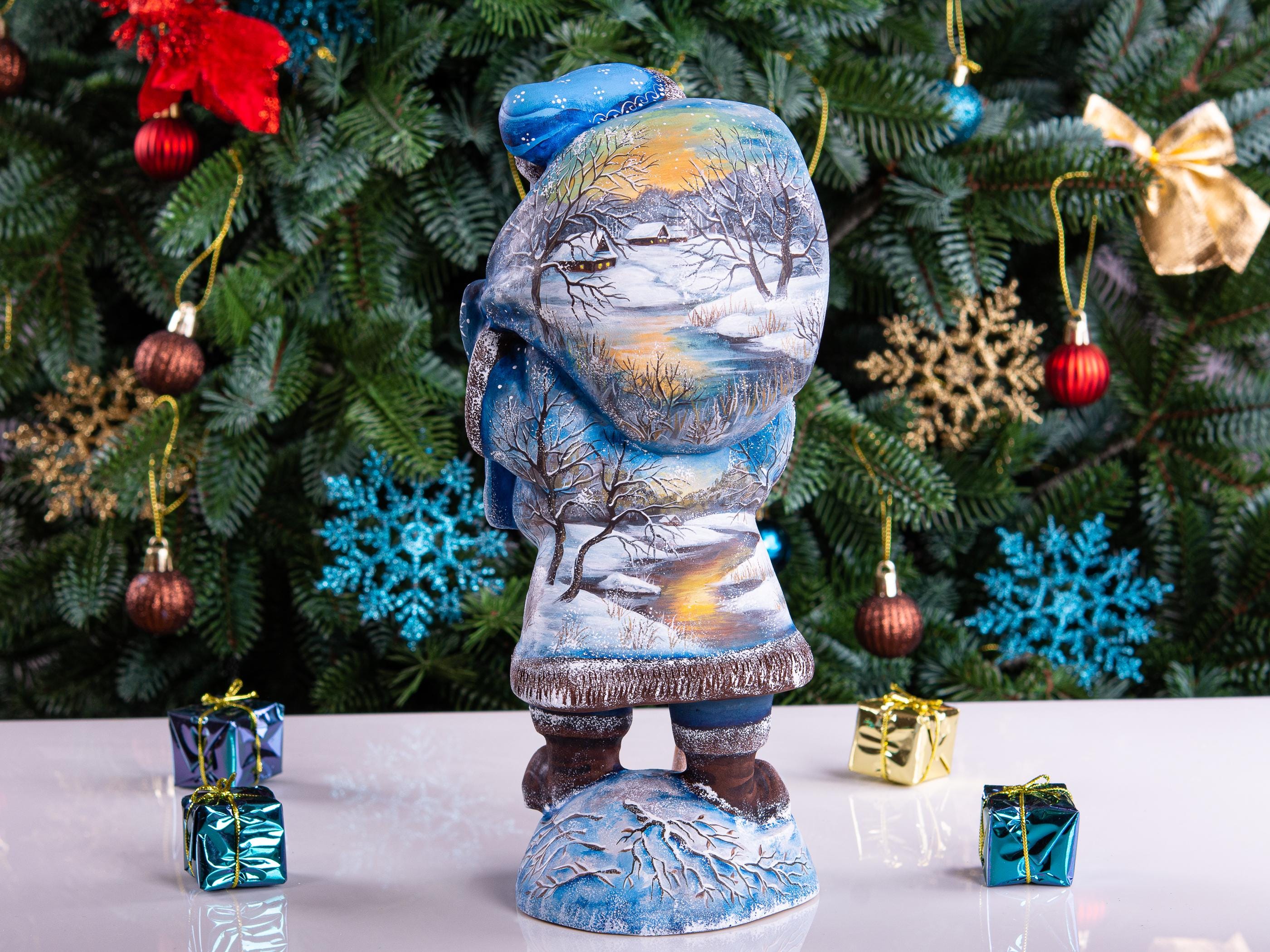 Hand carved Old-World Santa wooden figurine 11 inch, winter village landscape, mantel decor