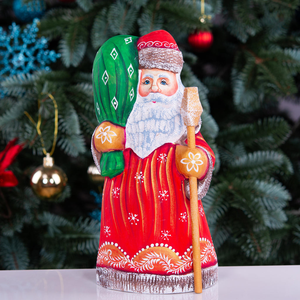 Hand carved wooden Santa figurine 8 inch, gift sack, mantel decor