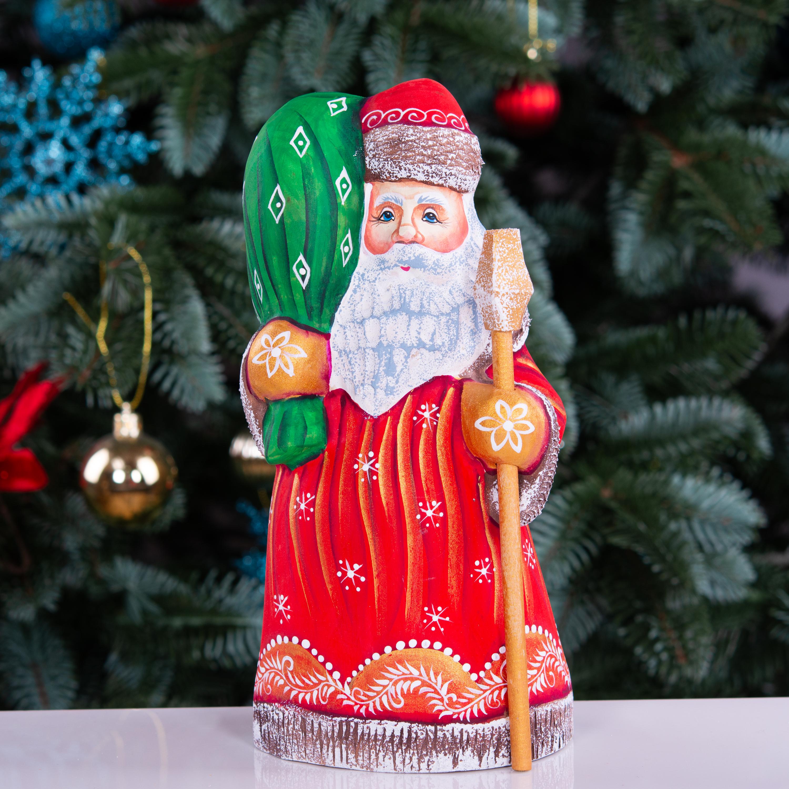 Hand carved wooden Santa figurine 8 inch, gift sack, mantel decor