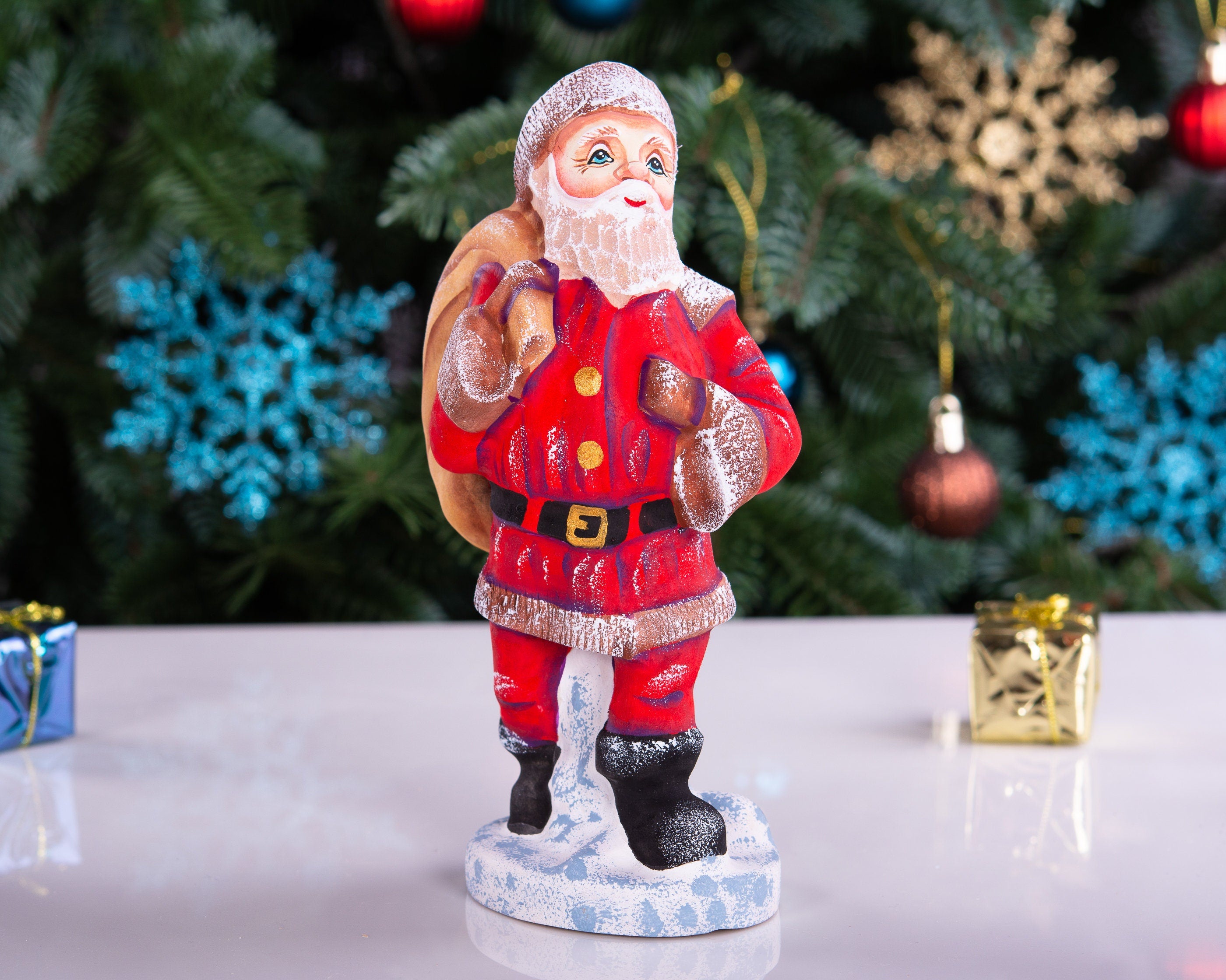 Kris Kringle Santa figurine 7 inch, carved wood, toy bag, holiday home decor