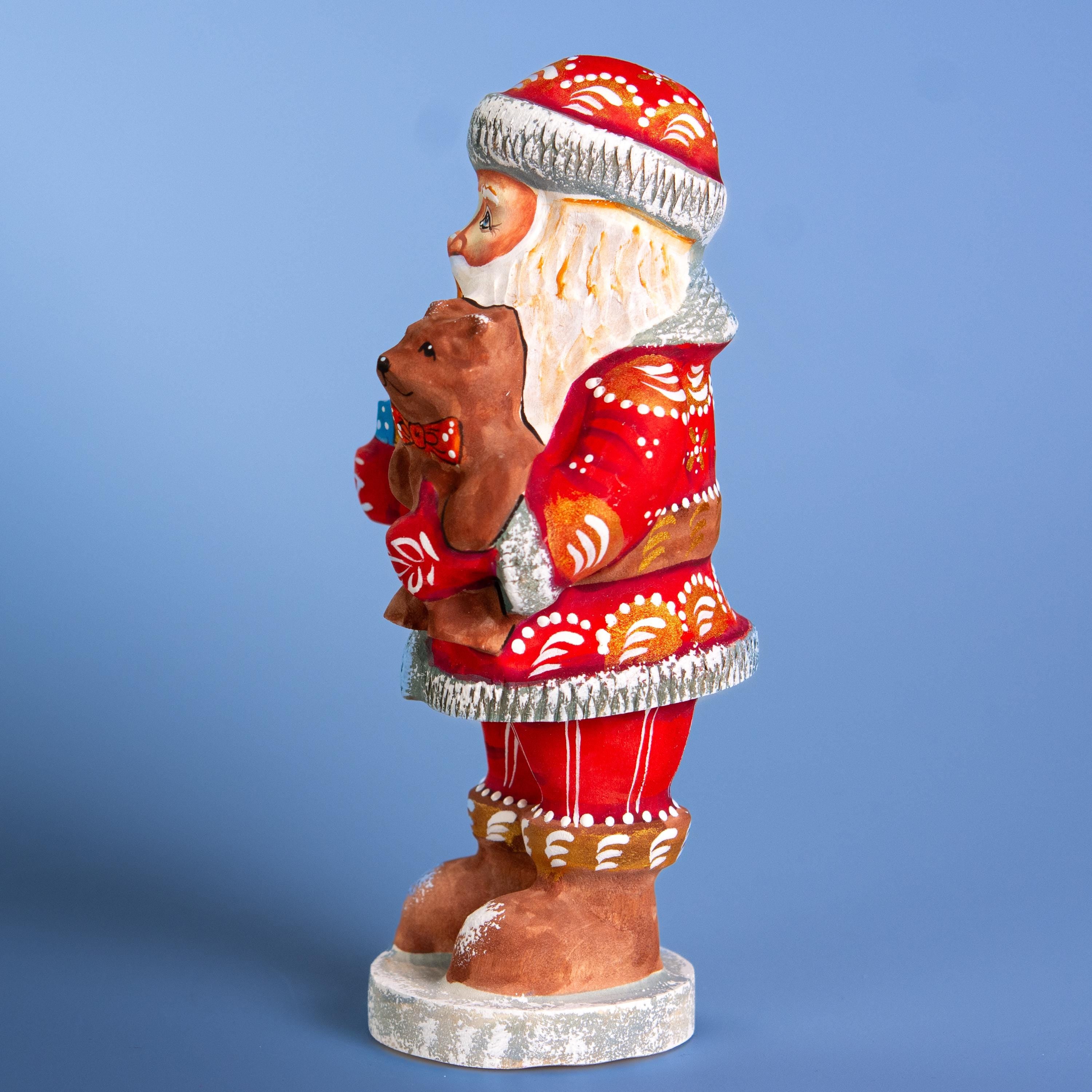 Hand carved wooden Santa figurine 7 inch, teddy bear toy, Christmas mantel decor