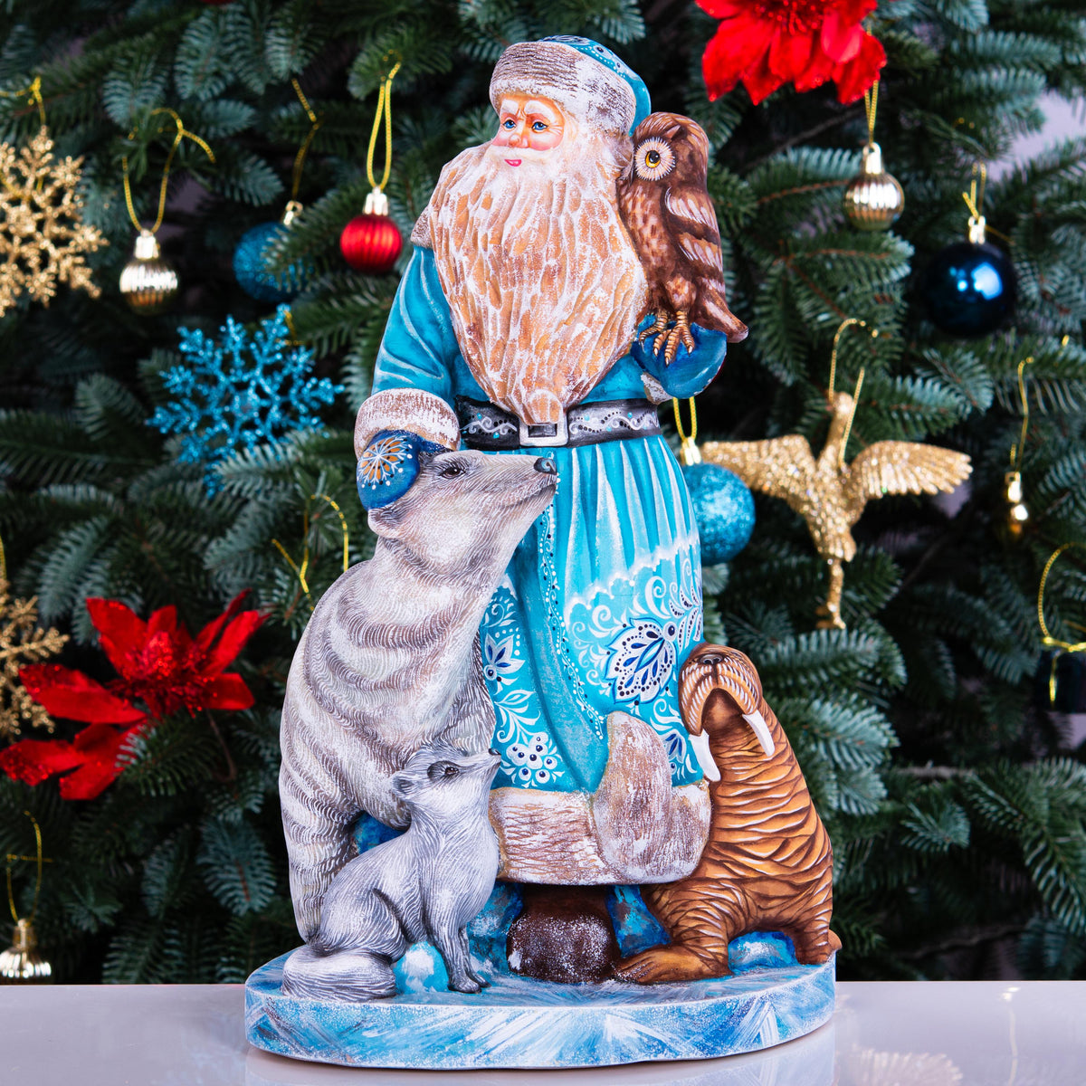 Hand carved Old-World Santa wooden figurine 14 inch, Arctic wildlife scene, mantel decor