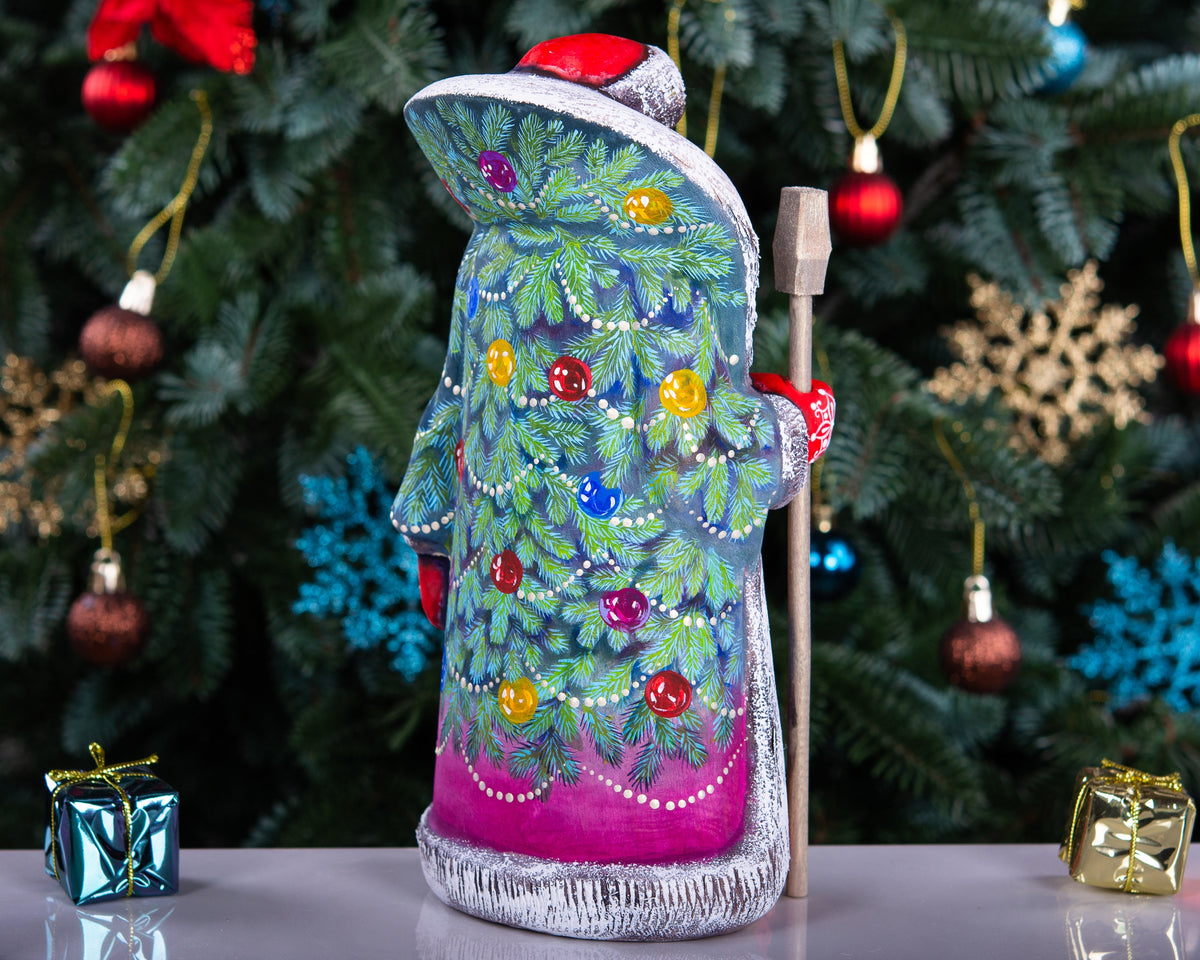 Wooden Santa Christmas figurine 9.5 inch, colorful tree and ornaments, gift for Santa lovers