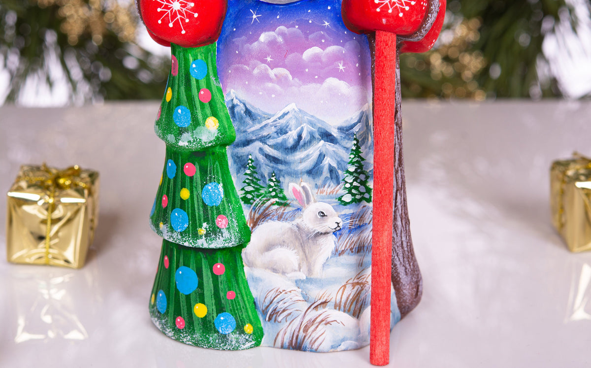Woodland Santa wooden figurine 8 inch, snowy mountains and bunny, holiday shelf display