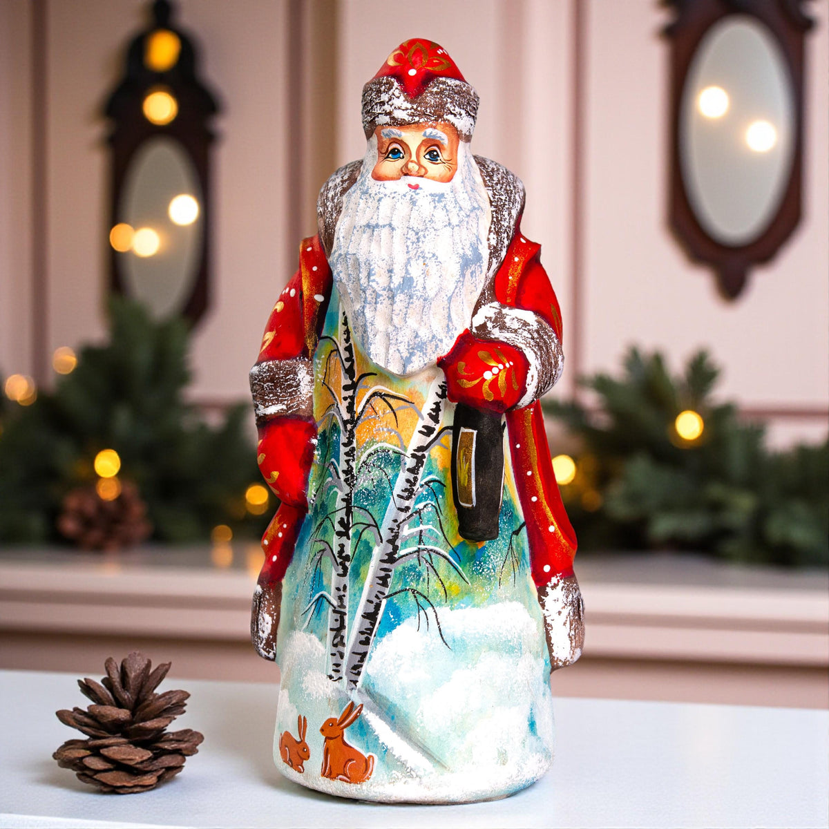 Hand carved Santa wooden figurine 7 inch with lantern, rabbits scene, mantel decor