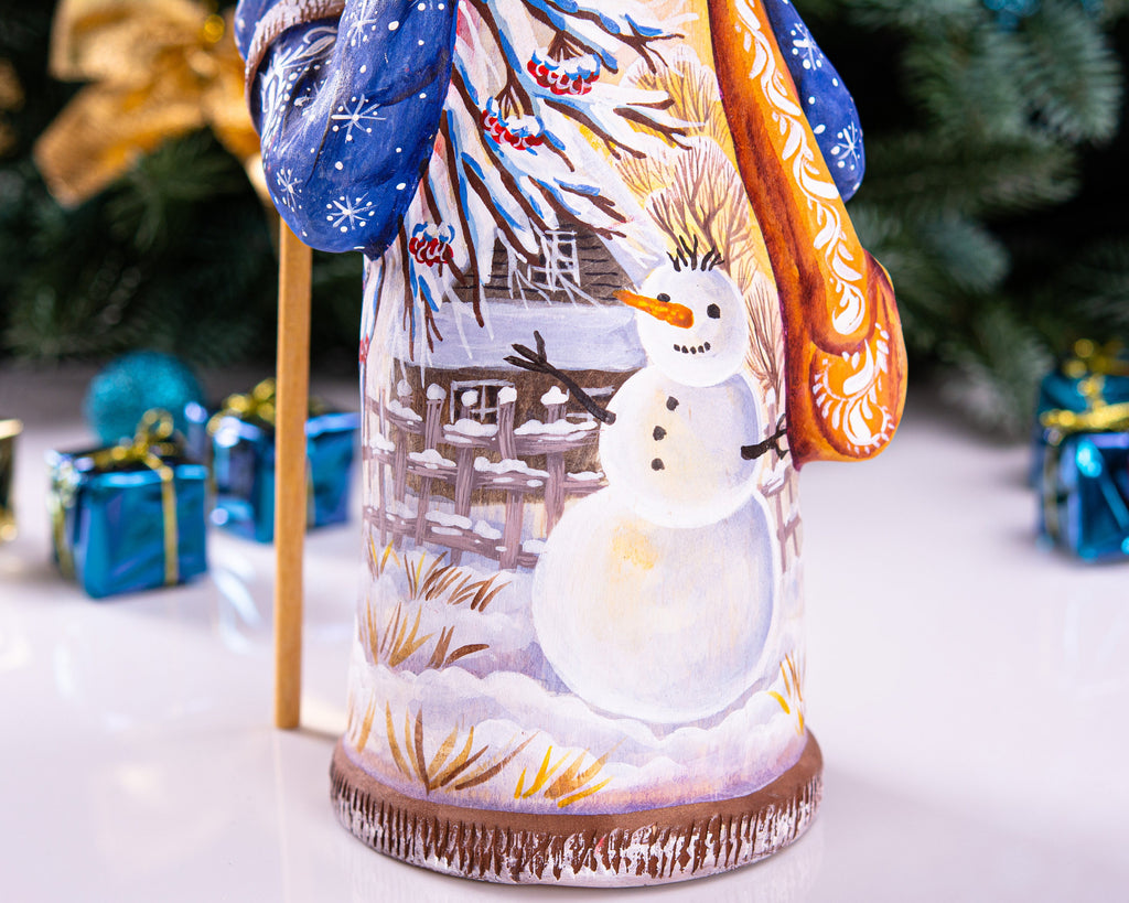 Old-World Santa wood figurine 9 inch, child with winter birds scene, shelf display
