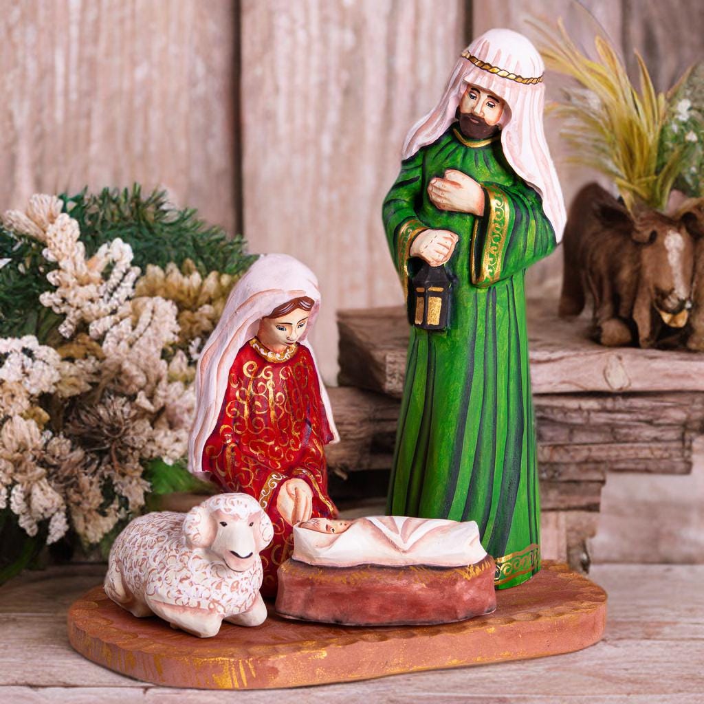 Hand Carved Wooden Nativity Set: Painted Christmas Crèche with Mary, Joseph, Jesus & Sheep