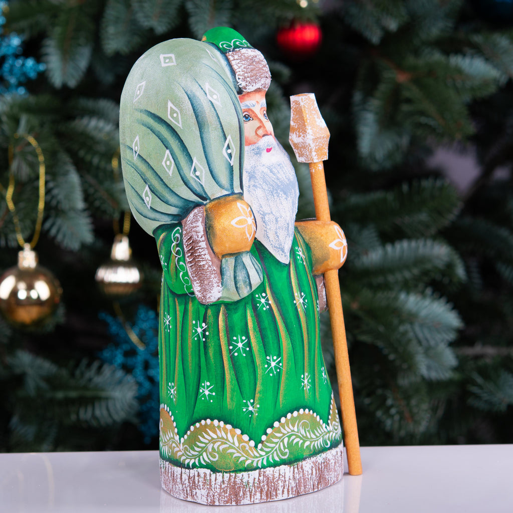 Hand carved Santa wooden figurine 8.3 inch, staff and sack