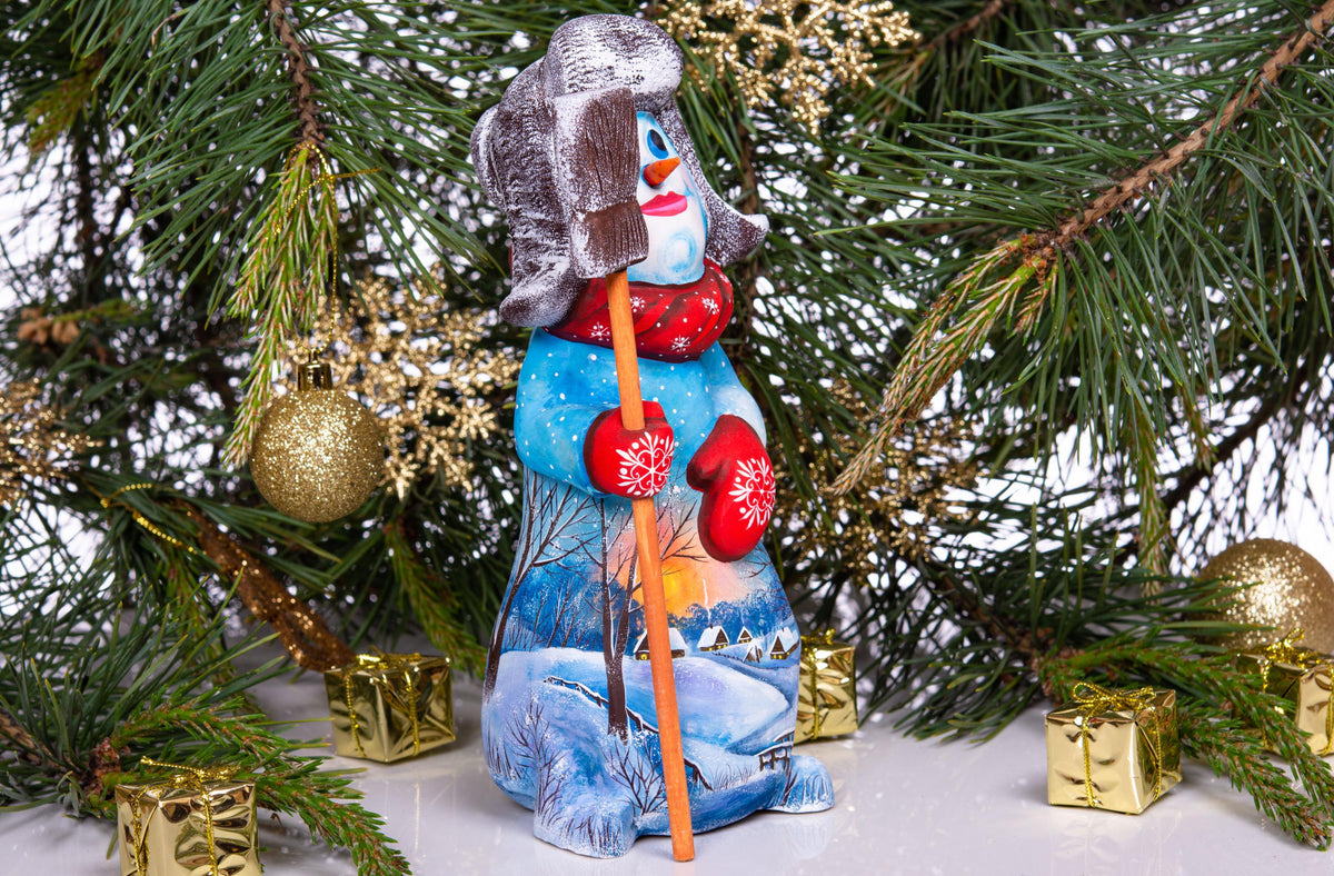 Old World snowman wood carving 9.1 inch, broom, mantel display
