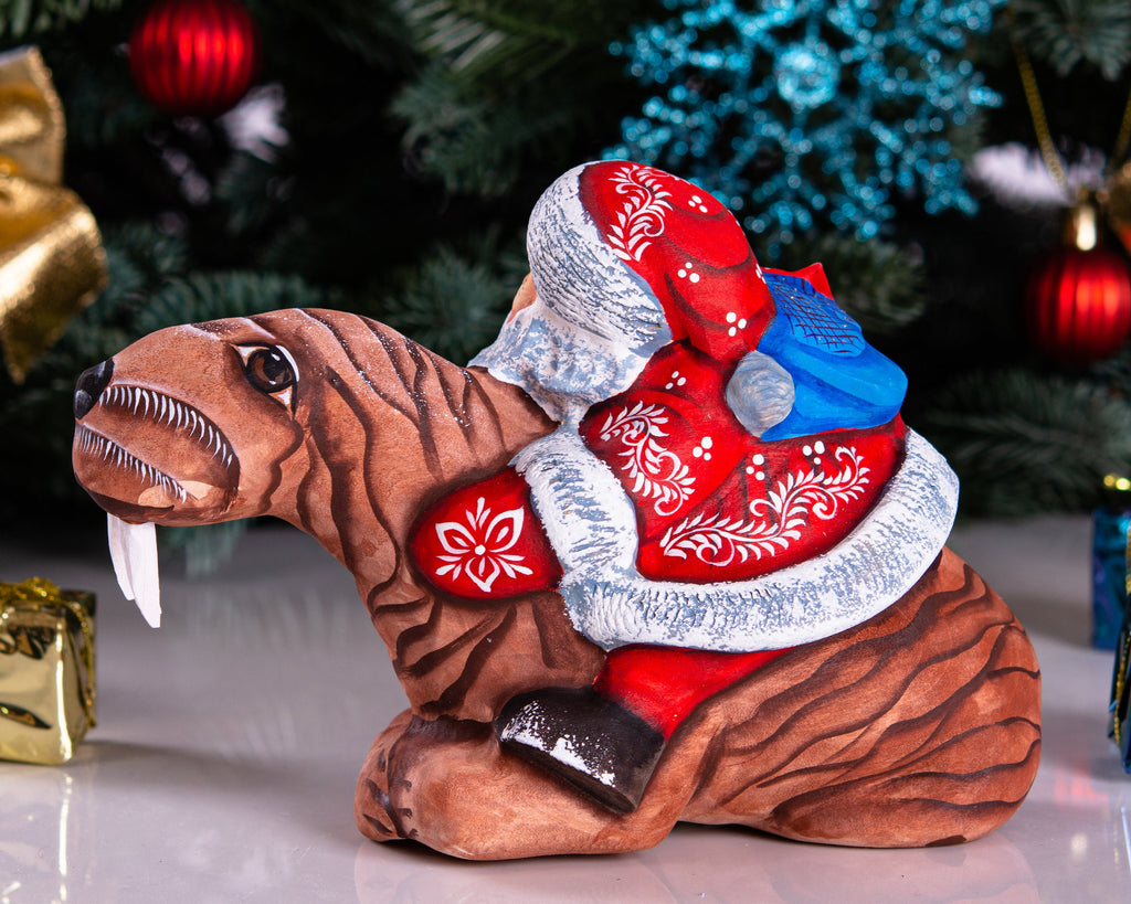 Hand Carved Wooden Santa Claus Figurine: Funny Walrus Christmas Decor