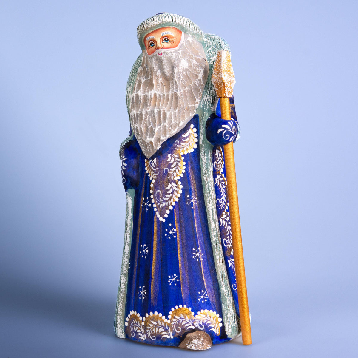 Blue Father Christmas figurine with staff, hand painted, 8.7 inch