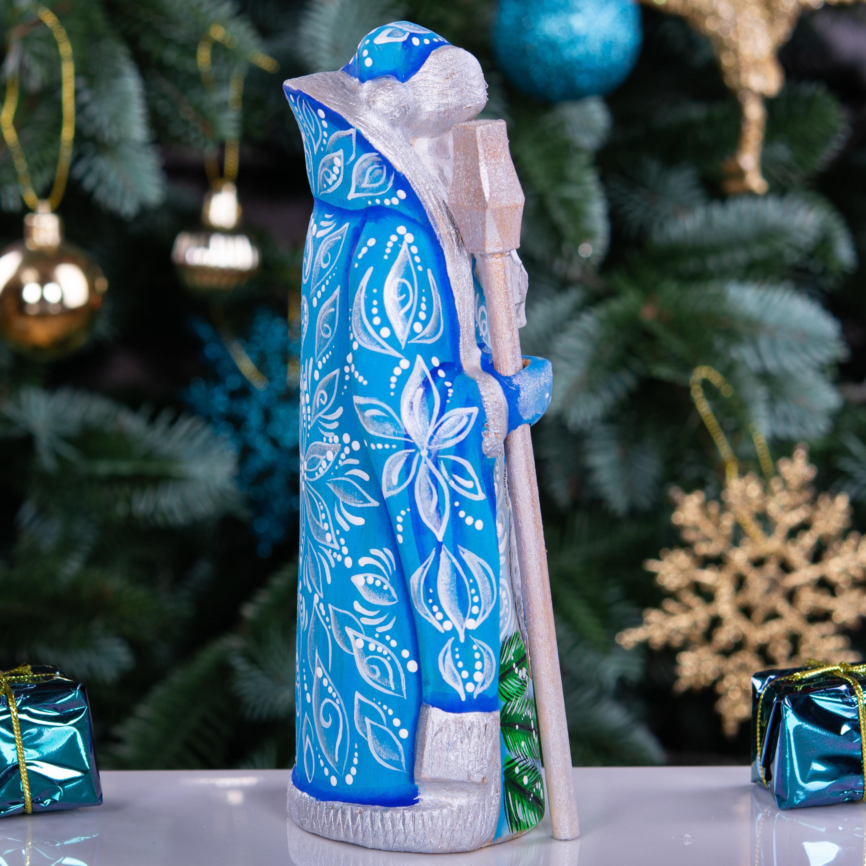 Hand carved blue Santa figurine 7 inch, owl painting, Nordic folk art centerpiece