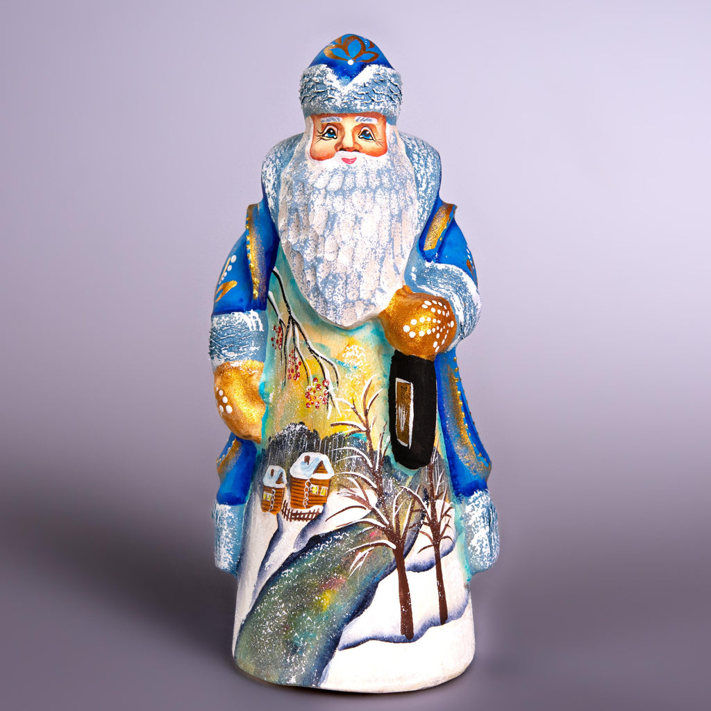 Hand Carved Wooden Santa Figurine 7", Blue Coat, Lantern, Old World