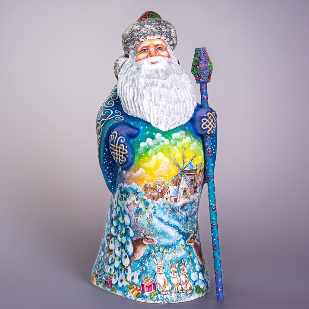 Old World Santa figurine 13 inch, carved wood, blue coat, woodland deer and rabbits