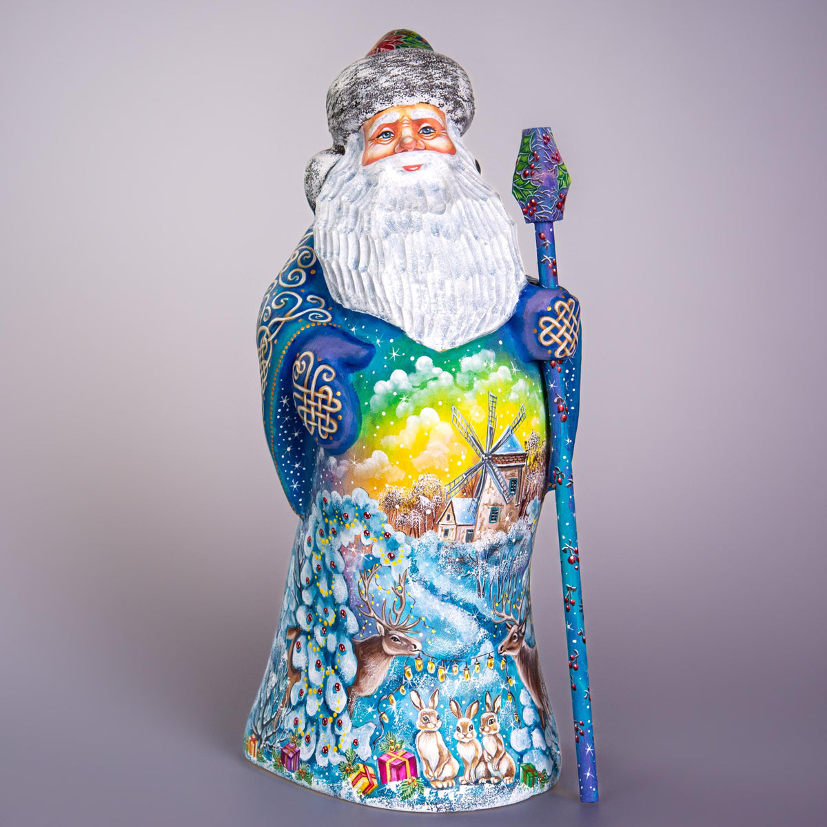 Old World Santa figurine 13 inch, carved wood, blue coat, woodland deer and rabbits