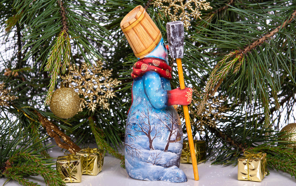 Snowman wooden figurine 8 inch, broom and sack, tabletop accent