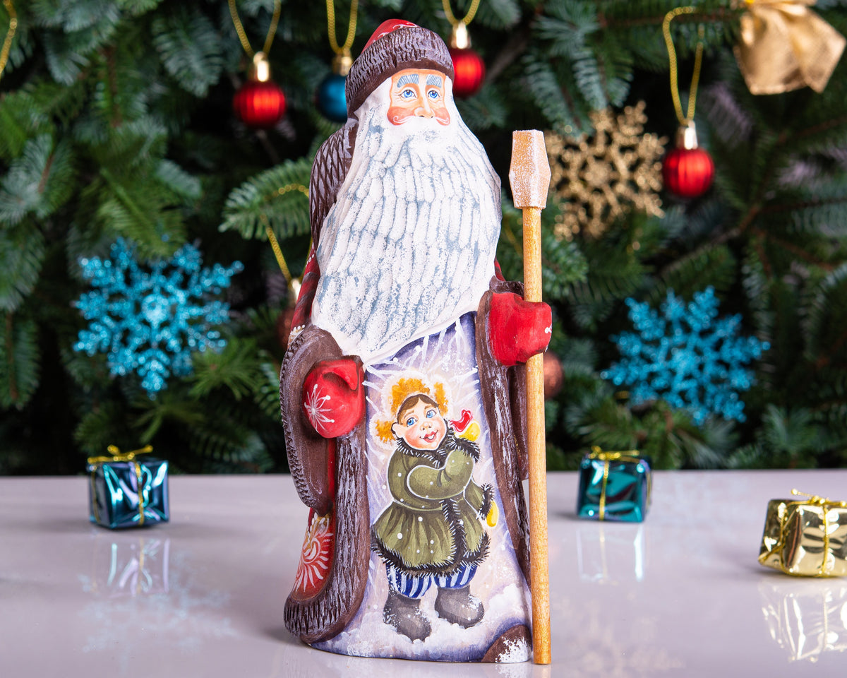 Hand carved Russian Santa 8.7 inch solid wood figurine, child scene