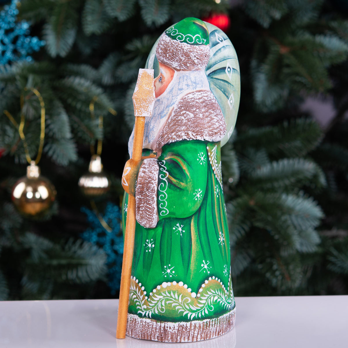 Hand carved Santa wooden figurine 8.3 inch, staff and sack