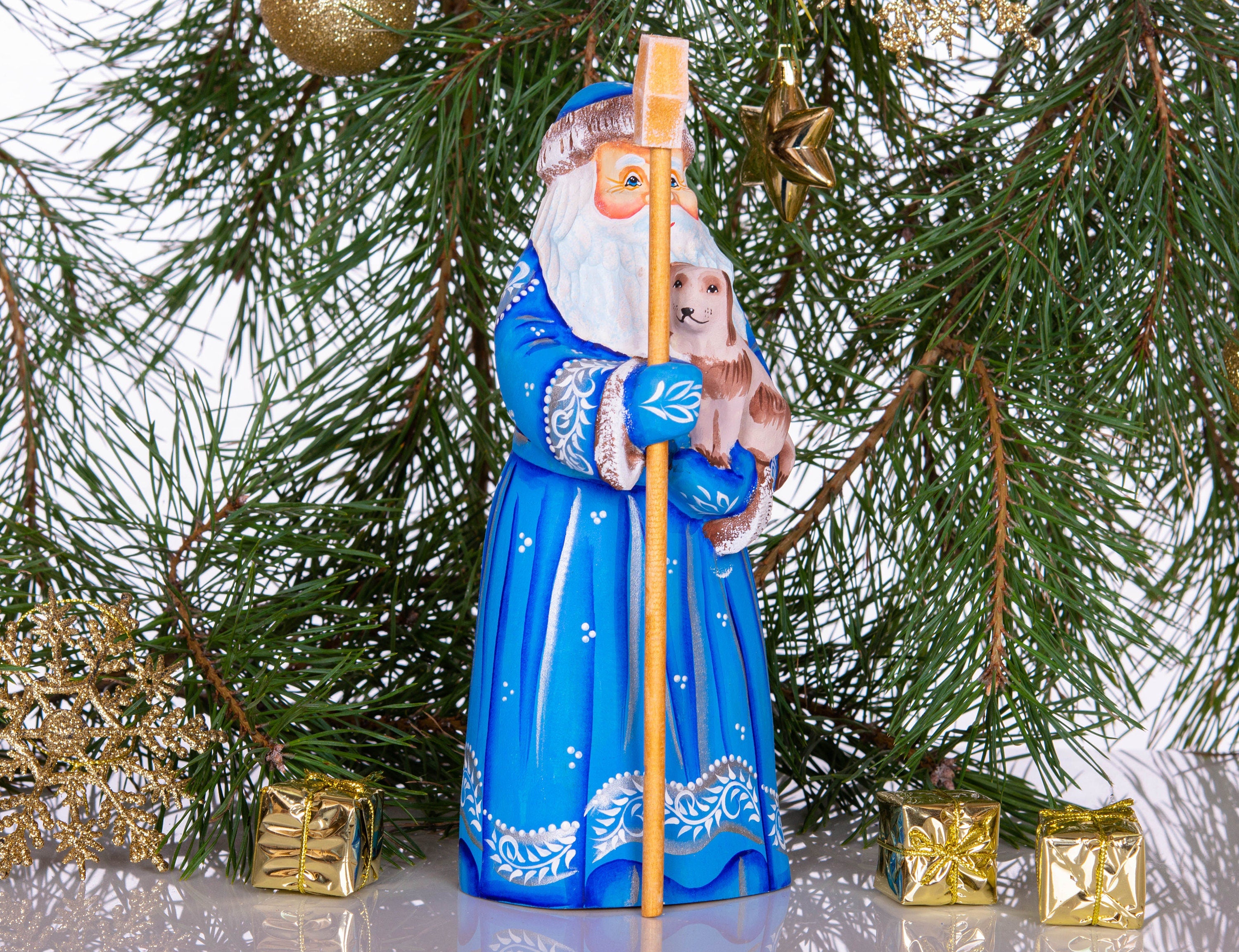 Blue Santa wood figurine 8.7 inch, hand carved with dog, Christmas shelf accent